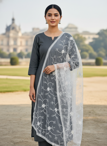 Premium Flower Embroidery Net Dupatta Ethnic Party Wear