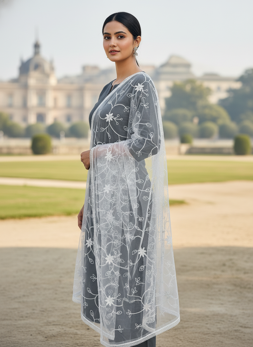 Premium Flower Embroidery Net Dupatta Ethnic Party Wear