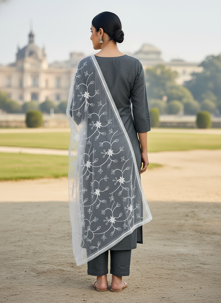 Premium Flower Embroidery Net Dupatta Ethnic Party Wear