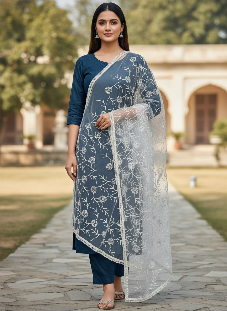 Party Wear Net Embroidered Dupatta Designer Ethnic Style