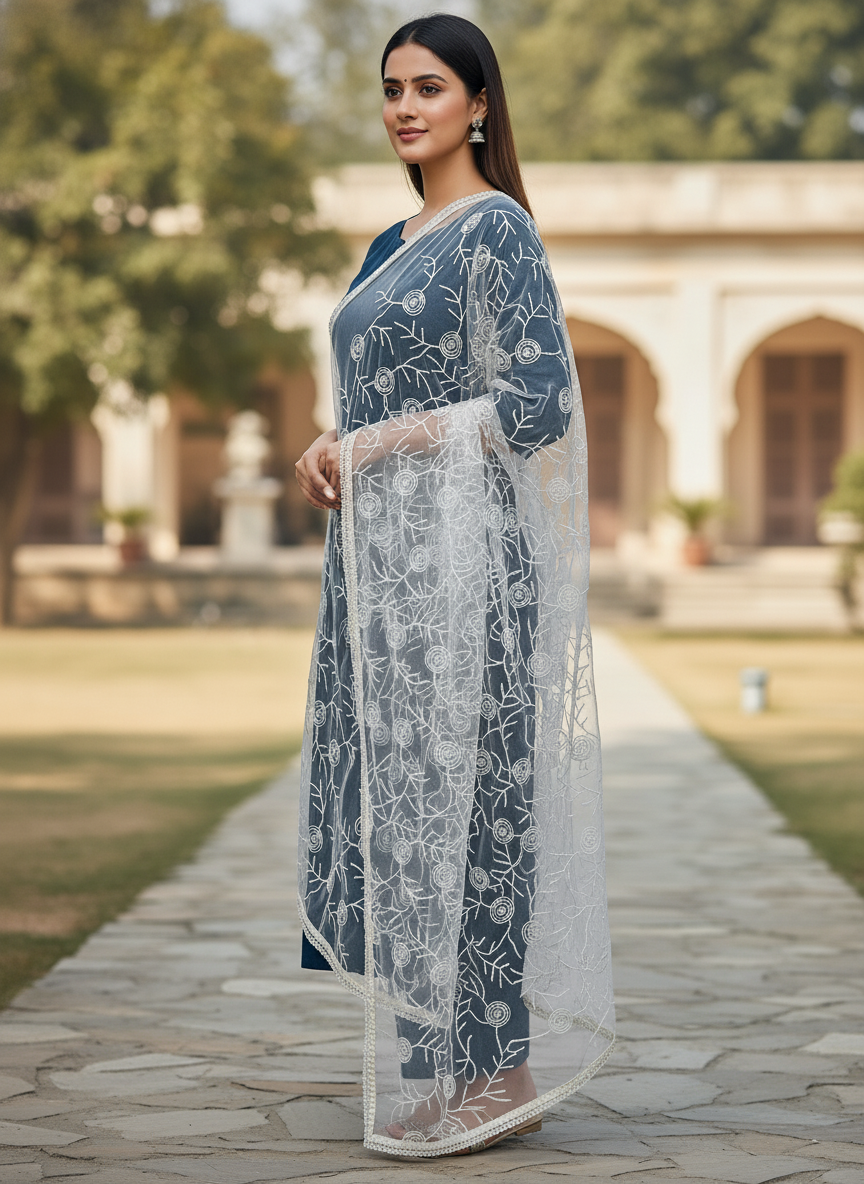Party Wear Net Embroidered Dupatta Designer Ethnic Style