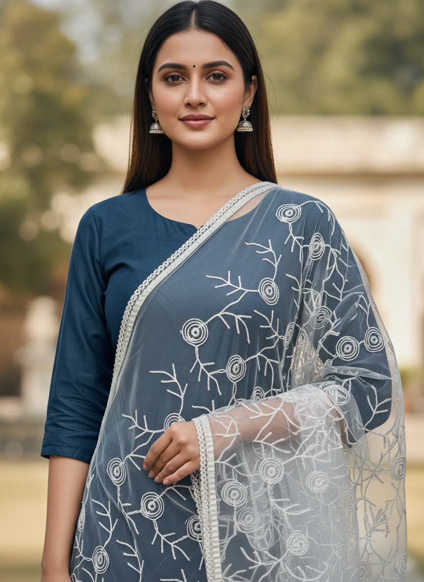 Party Wear Net Embroidered Dupatta Designer Ethnic Style