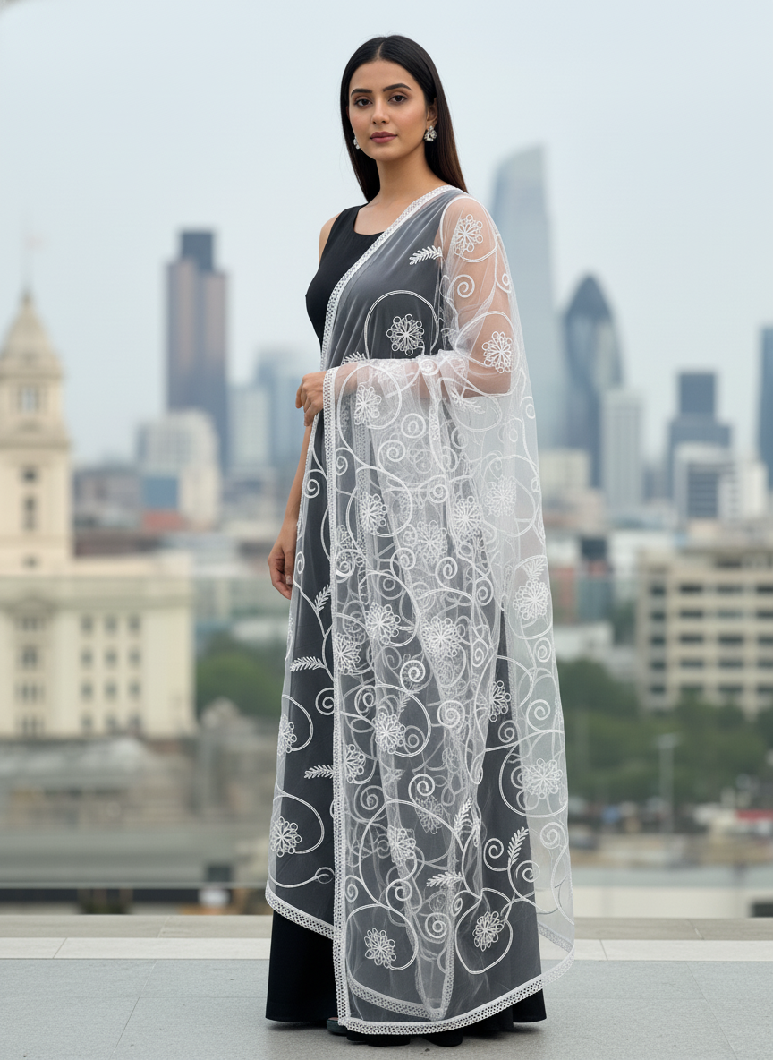 Modern Embroidered Net Dupatta For Party Wear Ethnic Look