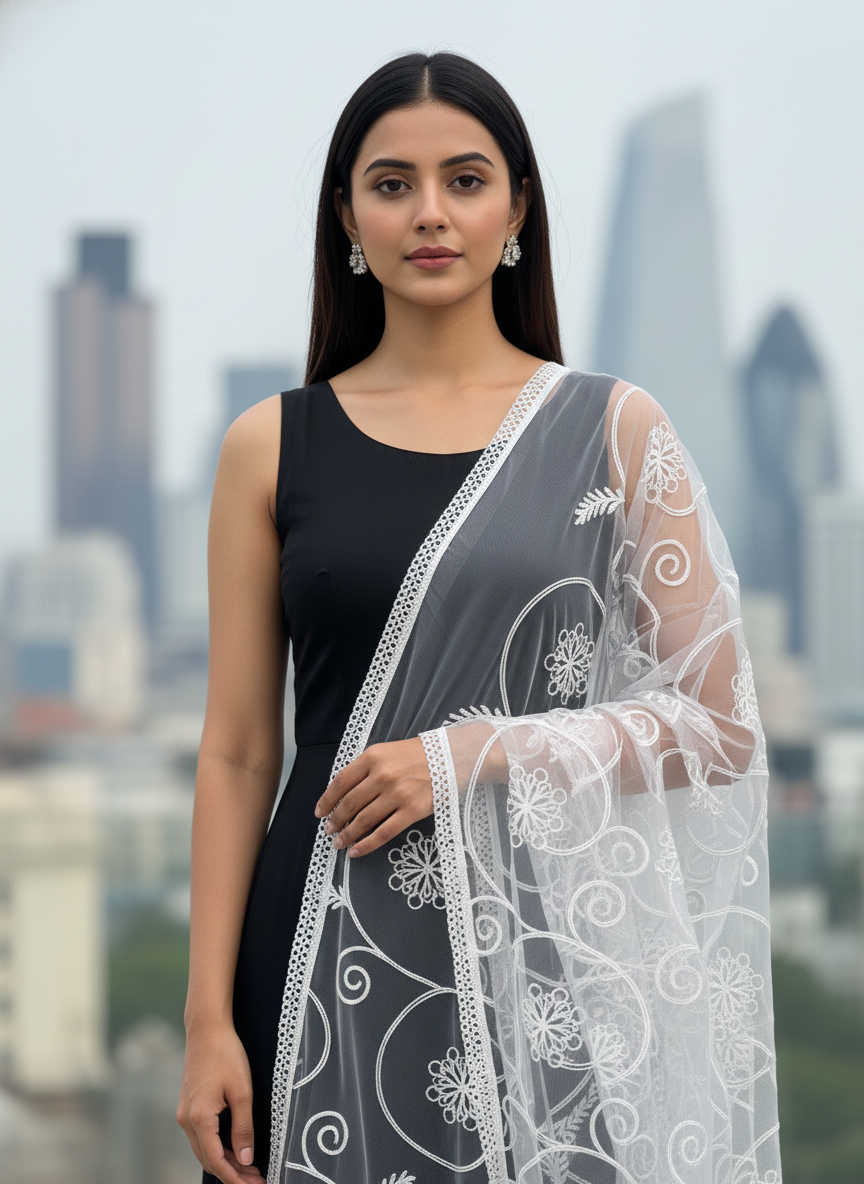 Modern Embroidered Net Dupatta For Party Wear Ethnic Look