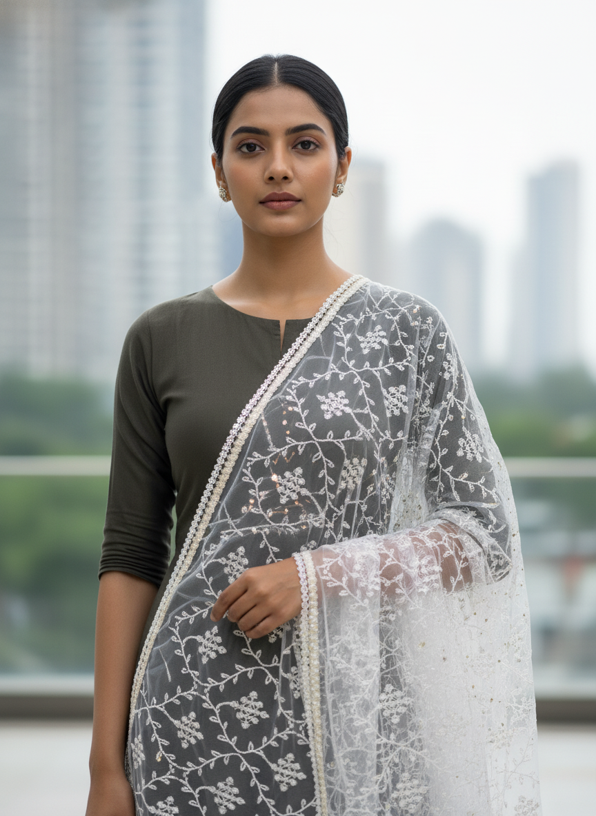 Net Embroidered Dupatta Designer Ethnic Party Wear Style