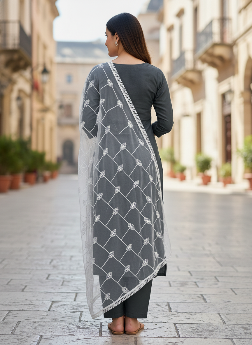 Geometric Embroidery Net Dupatta Designer Ethnic Party Wear