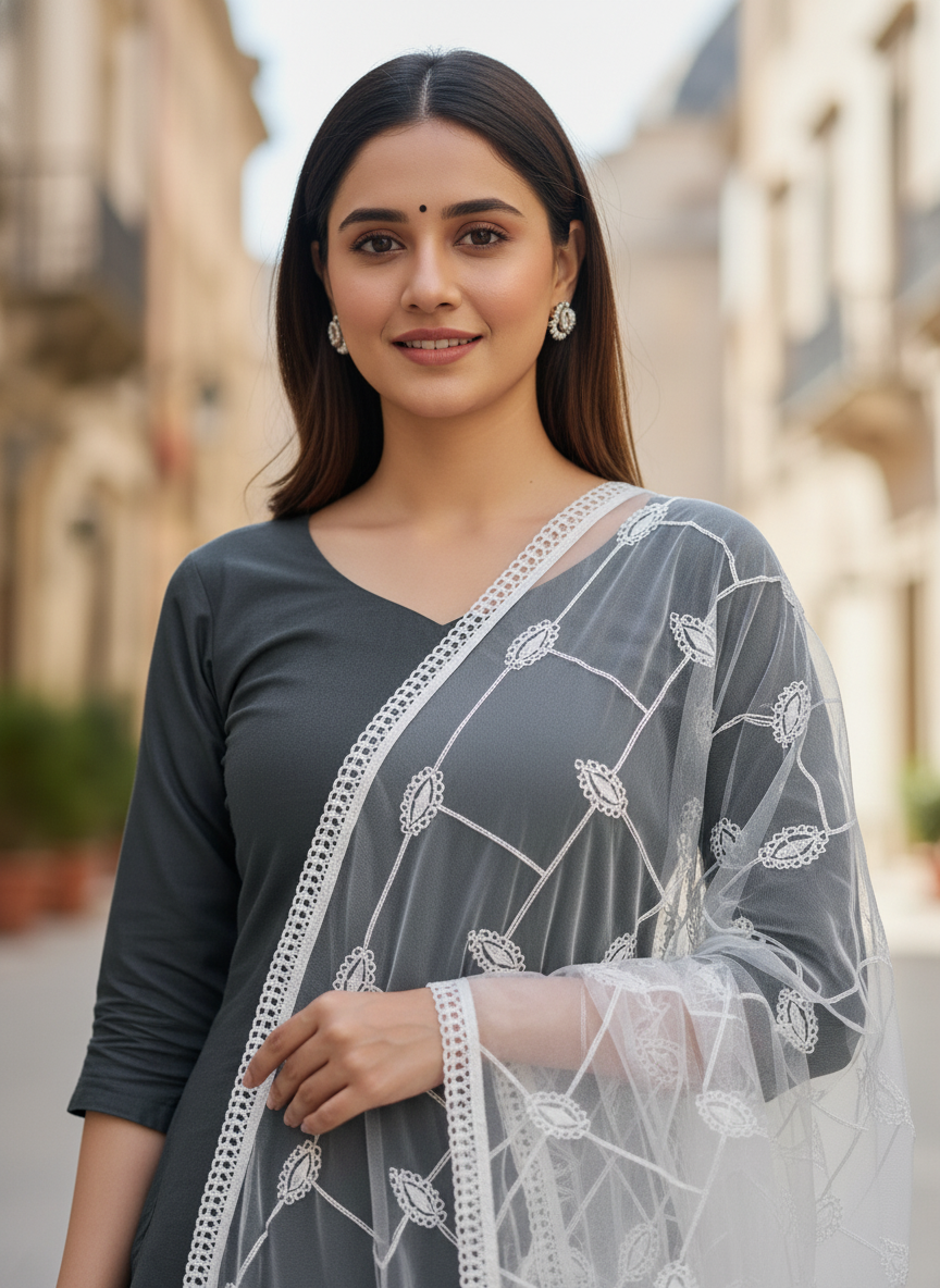 Geometric Embroidery Net Dupatta Designer Ethnic Party Wear