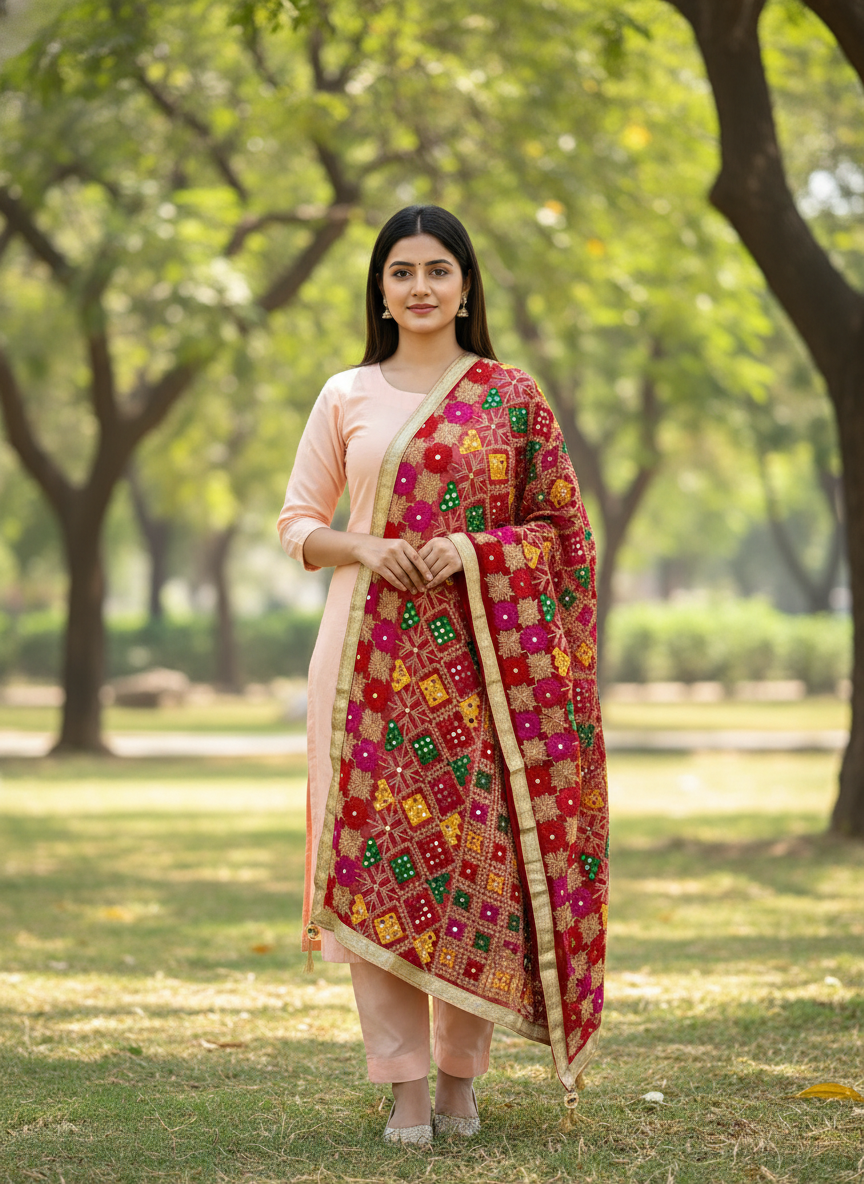 Red Elegant Traditional Embroidered Dupatta for Festive Wear