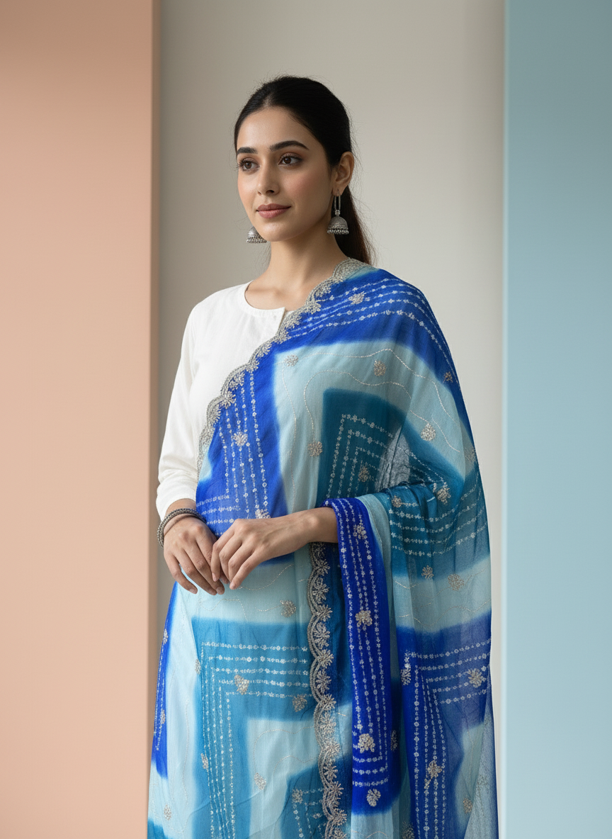 Embroidered Bandhani Dupatta with Sequinned Work