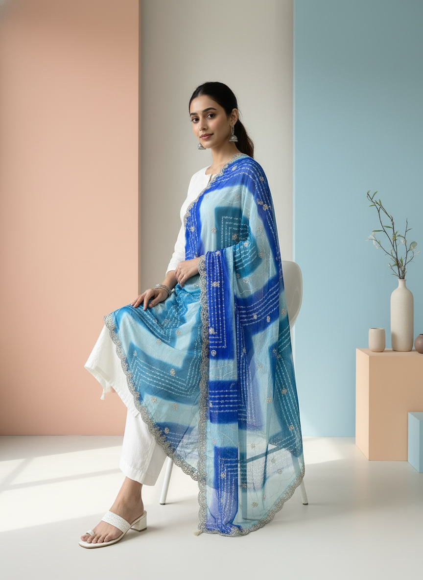 Embroidered Bandhani Dupatta with Sequinned Work