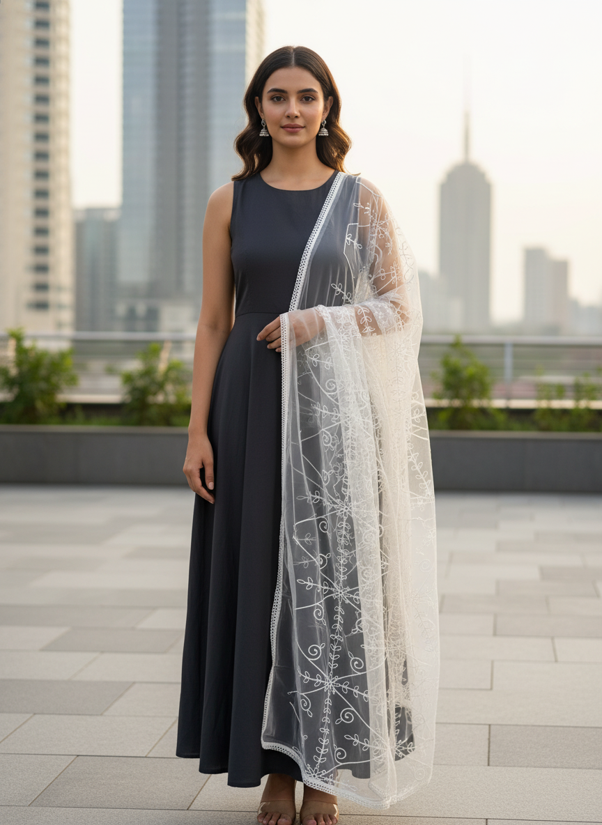 Designer Embroidered Net Dupatta Elegant Ethnic Party Fashion