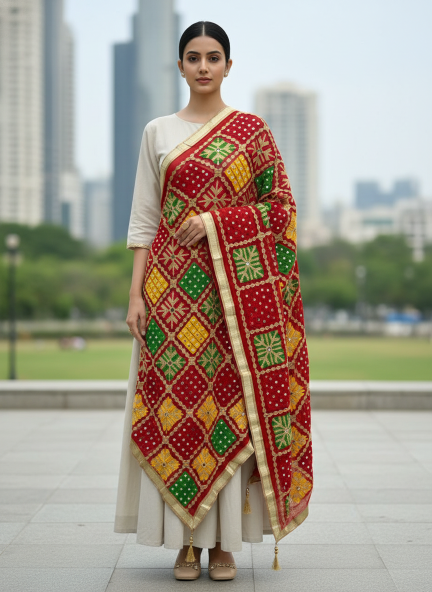Red Handcrafted Mirror Work Dupatta for Ethnic and Festive Looks