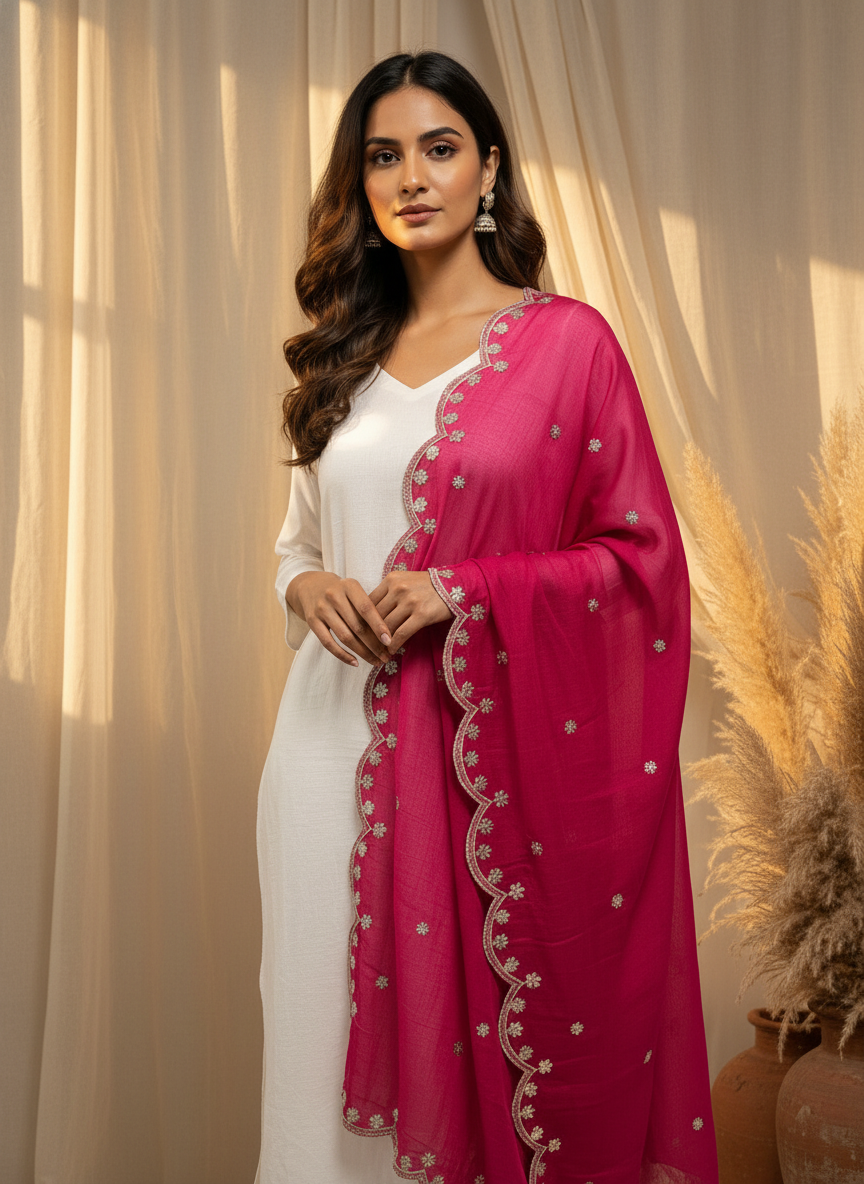 Pink Embroidered Dupatta with Sequinned Work