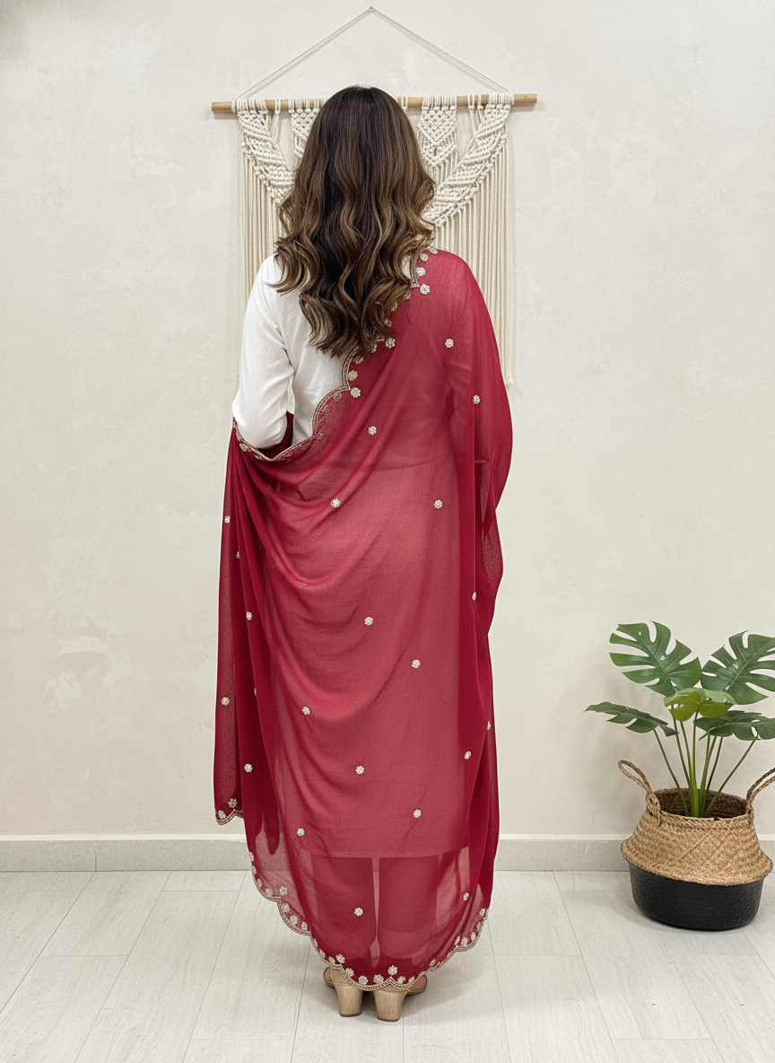 Maroon Embroidered Dupatta with Sequinned Work
