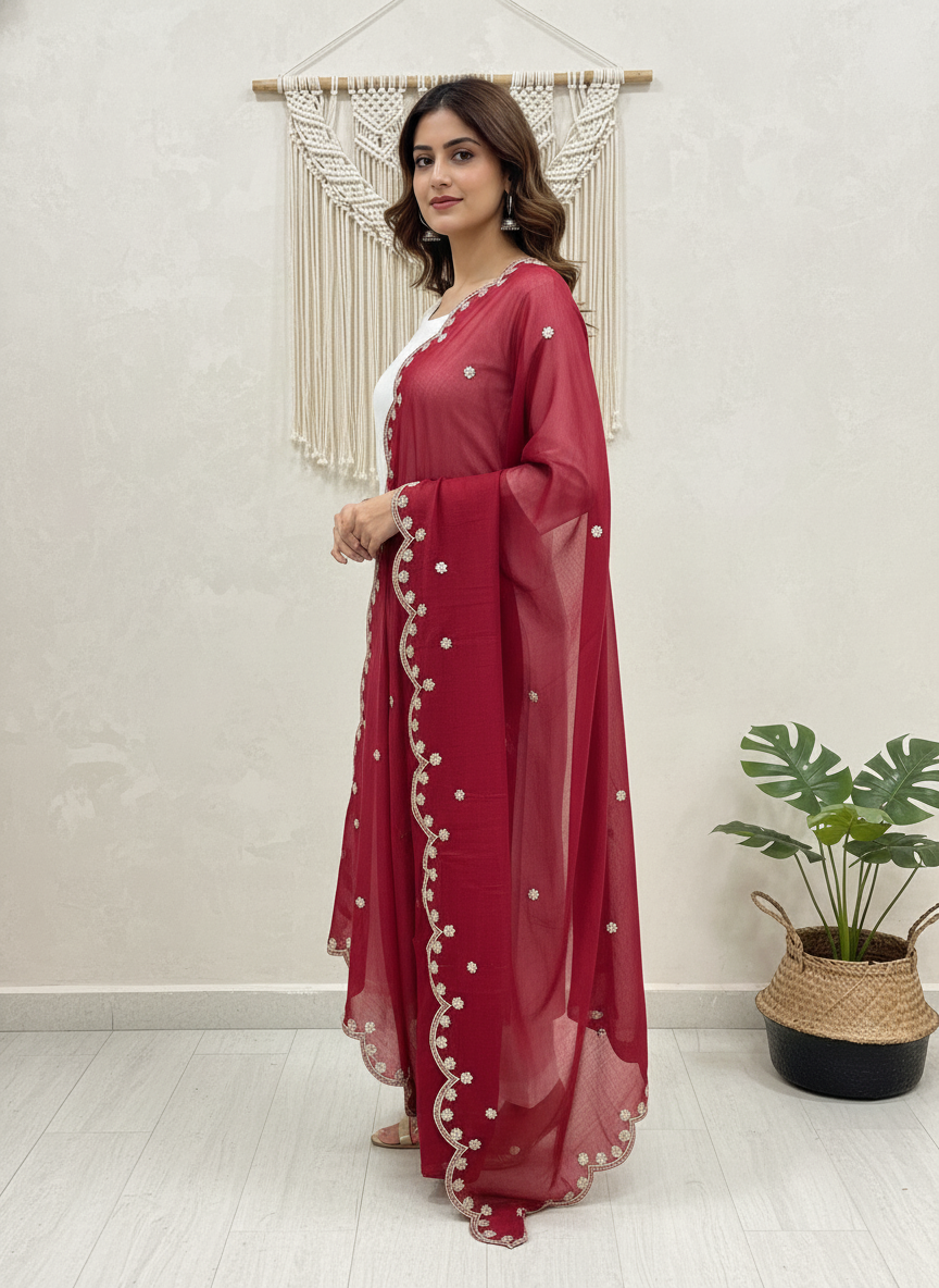 Maroon Embroidered Dupatta with Sequinned Work