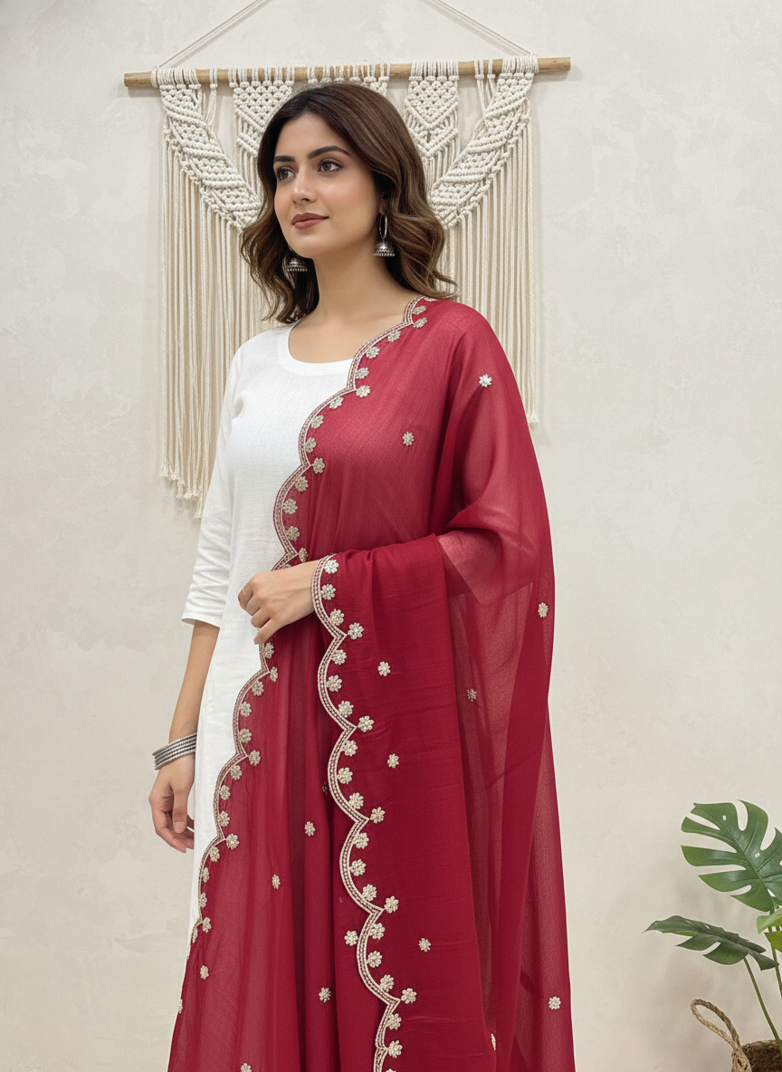 Maroon Embroidered Dupatta with Sequinned Work