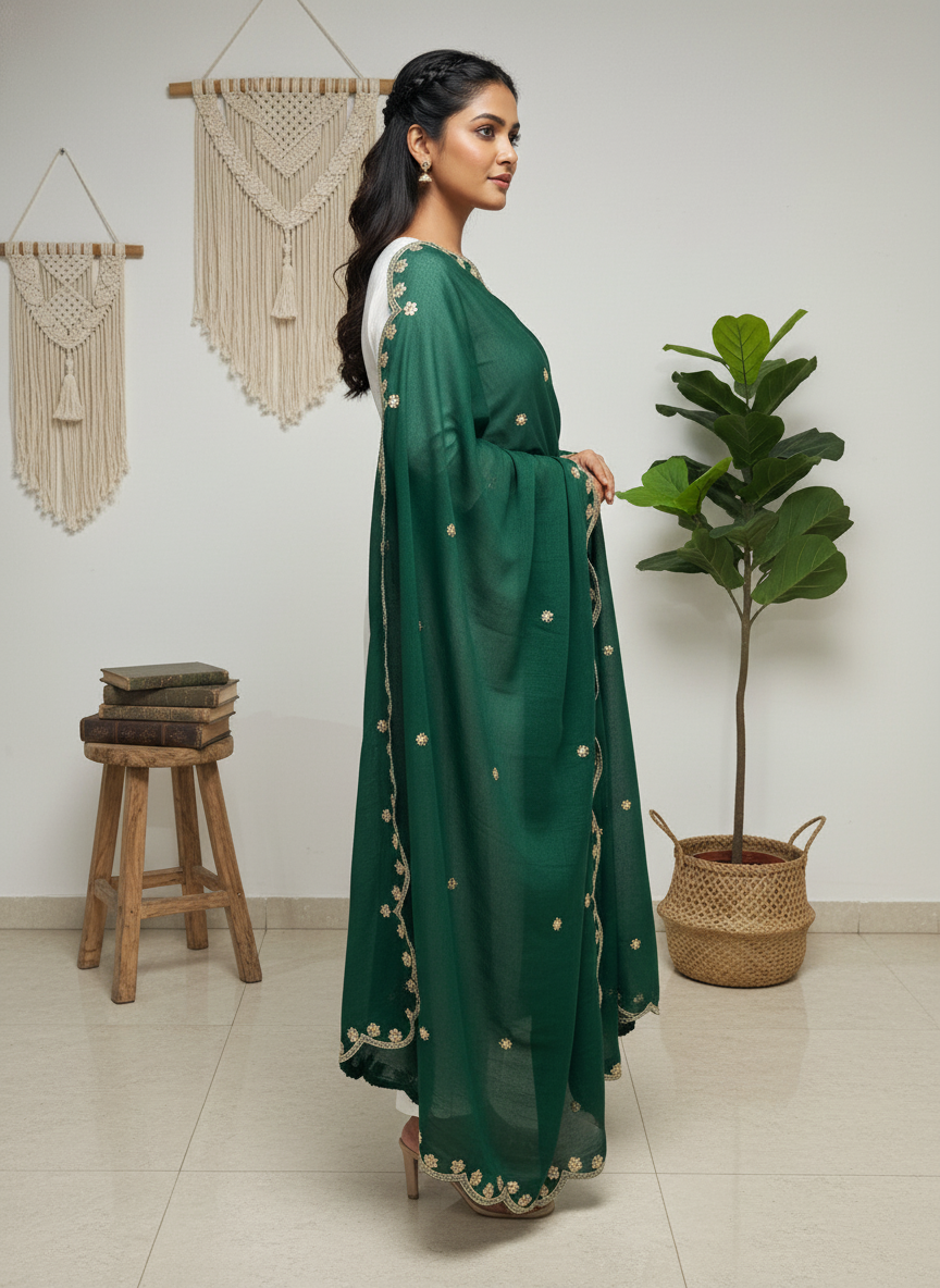 Green Embroidered Dupatta with Sequinned Work