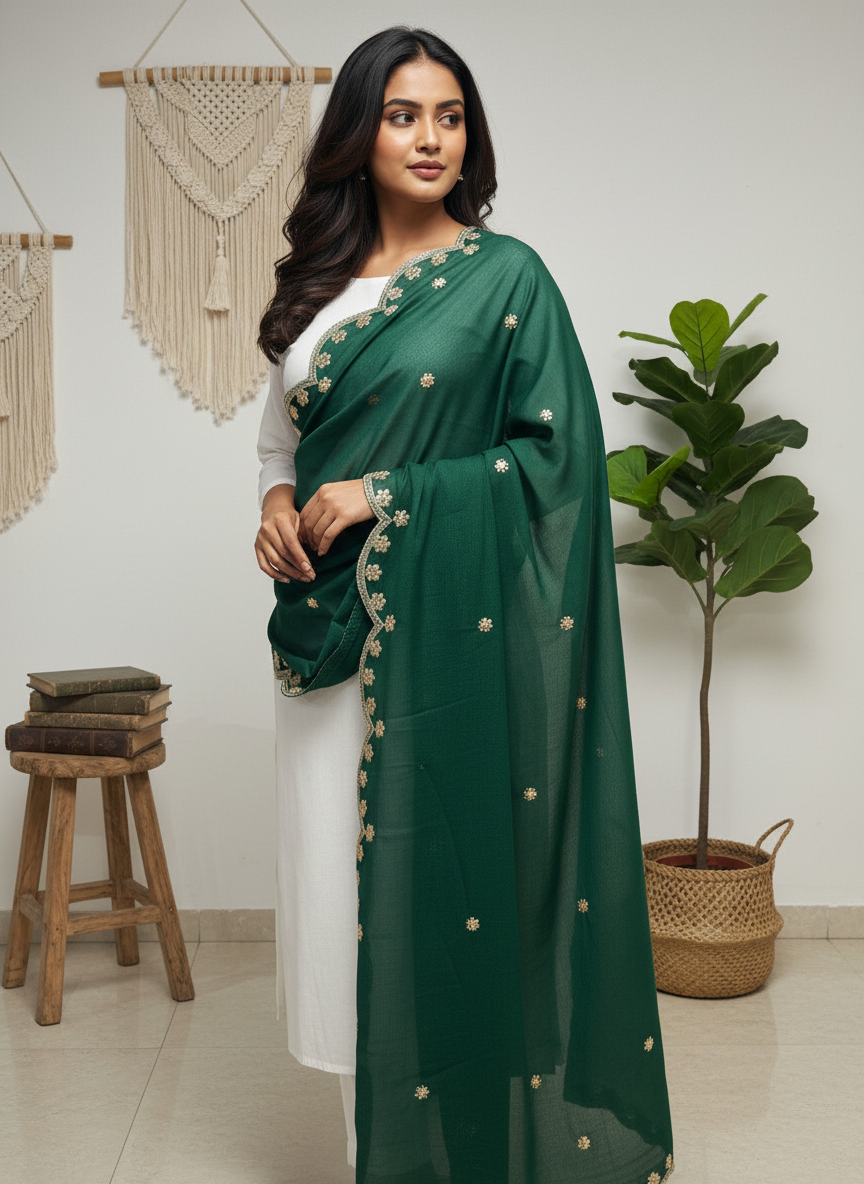 Green Embroidered Dupatta with Sequinned Work