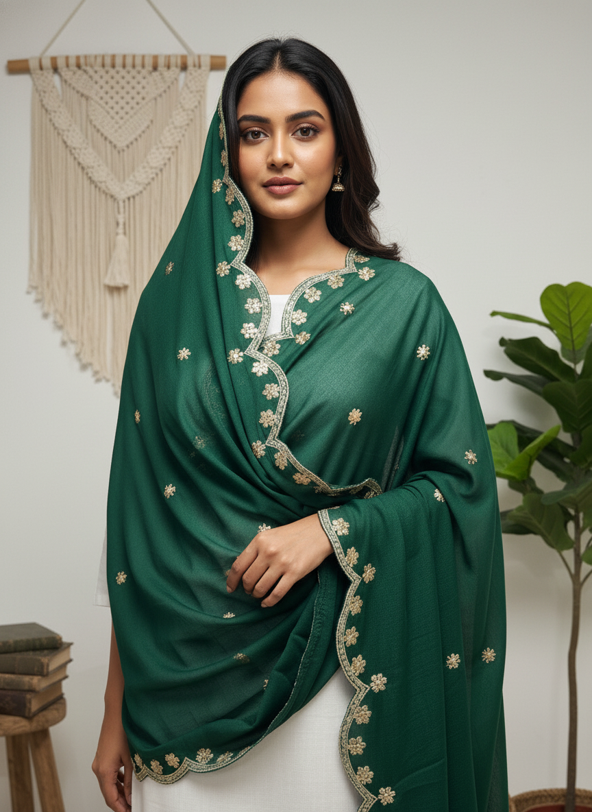 Green Embroidered Dupatta with Sequinned Work