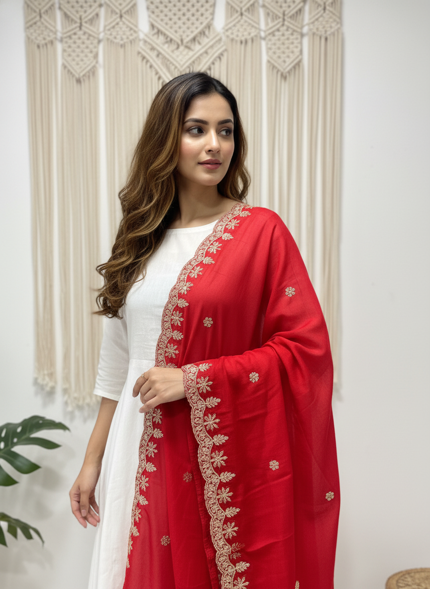Red Koding Dupatta with Sequinned Work