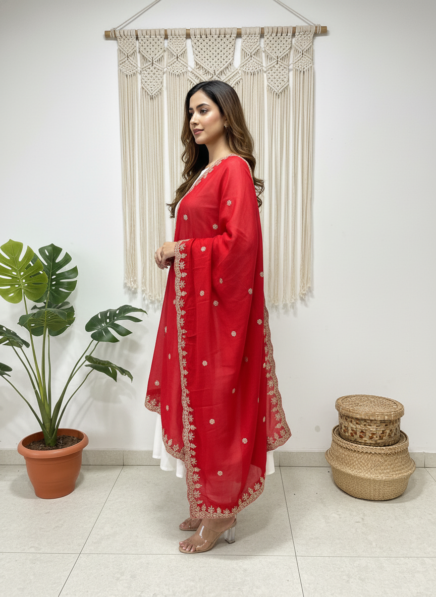 Red Koding Dupatta with Sequinned Work