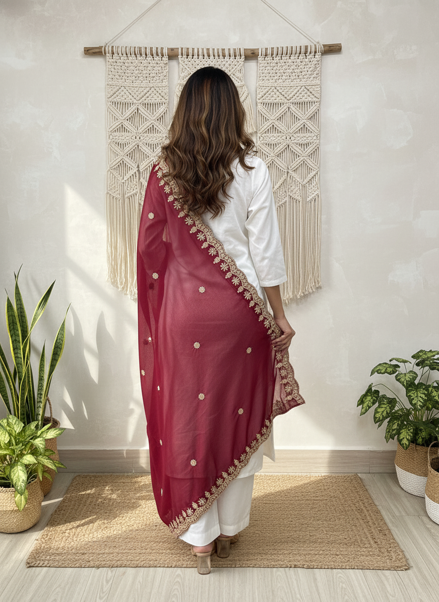 Maroon Koding Dupatta with Sequinned Work