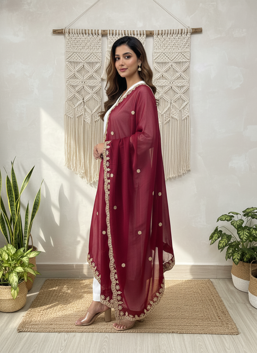 Maroon Koding Dupatta with Sequinned Work