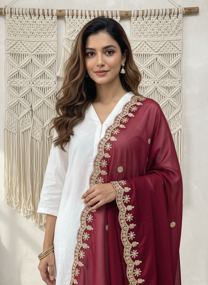Maroon Koding Dupatta with Sequinned Work