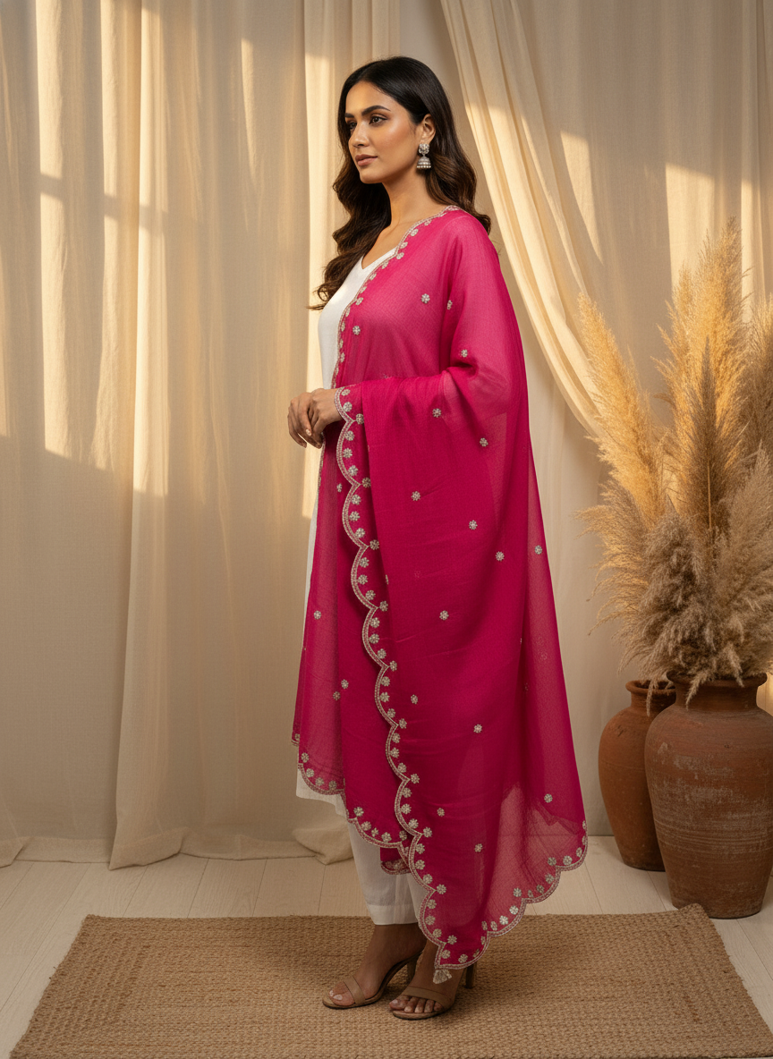 Pink Embroidered Dupatta with Sequinned Work