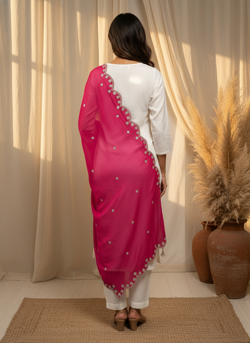 Pink Embroidered Dupatta with Sequinned Work